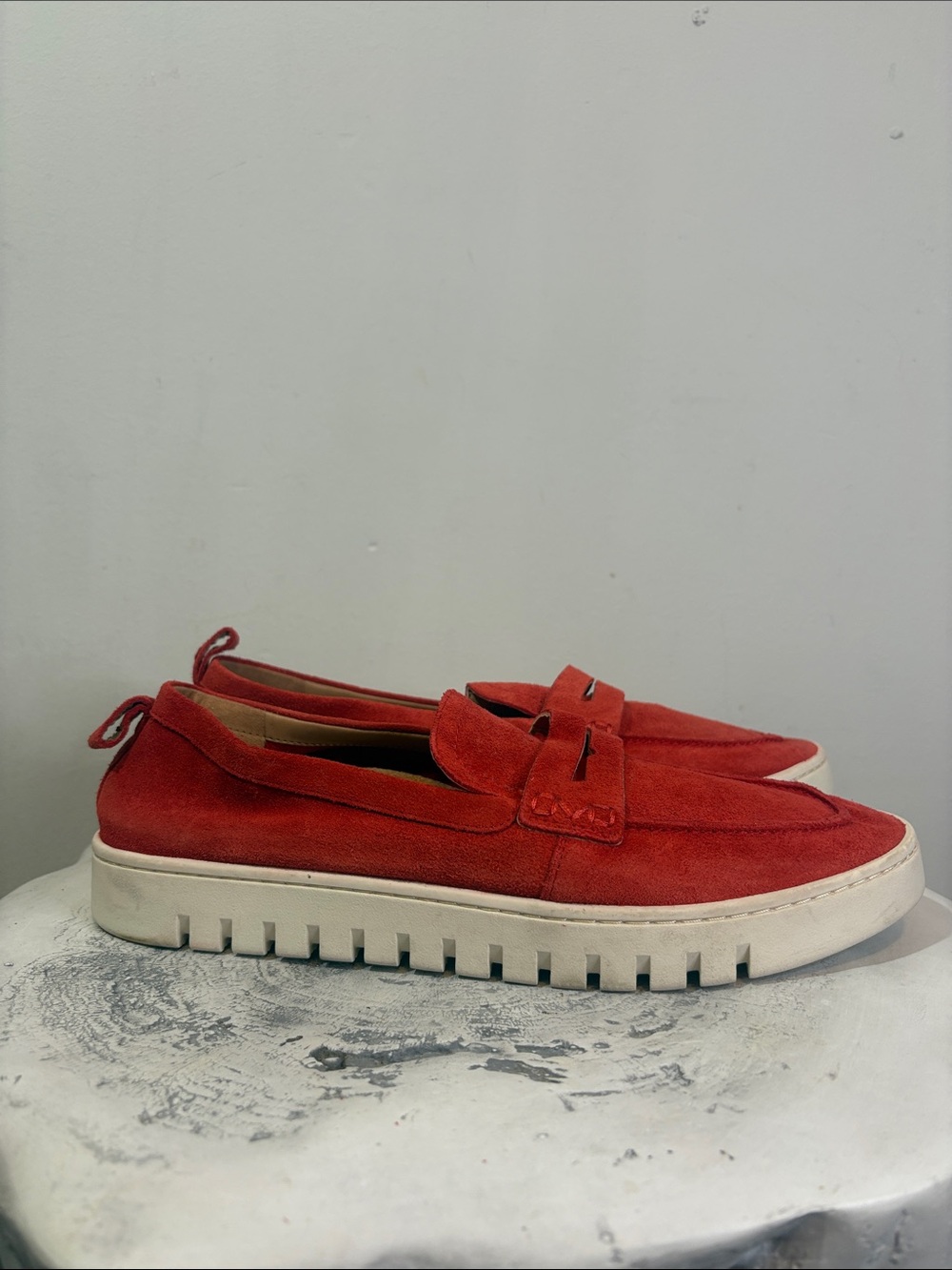Bright Red Suede Vionic Women's Uptown Penny Loafer White Chunky Lug Sole 11